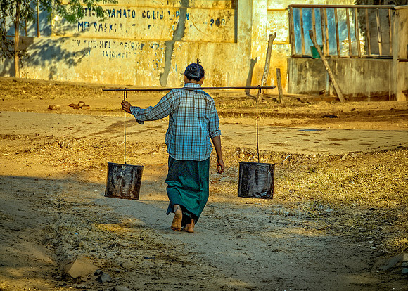Barefooted Water Carrier Burma Village 26