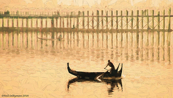 Boatman and Teak Bridge Mandalay Burma signed