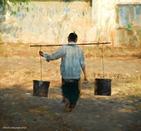 Barefooted Water Carrier Burma Village  2 painted signed